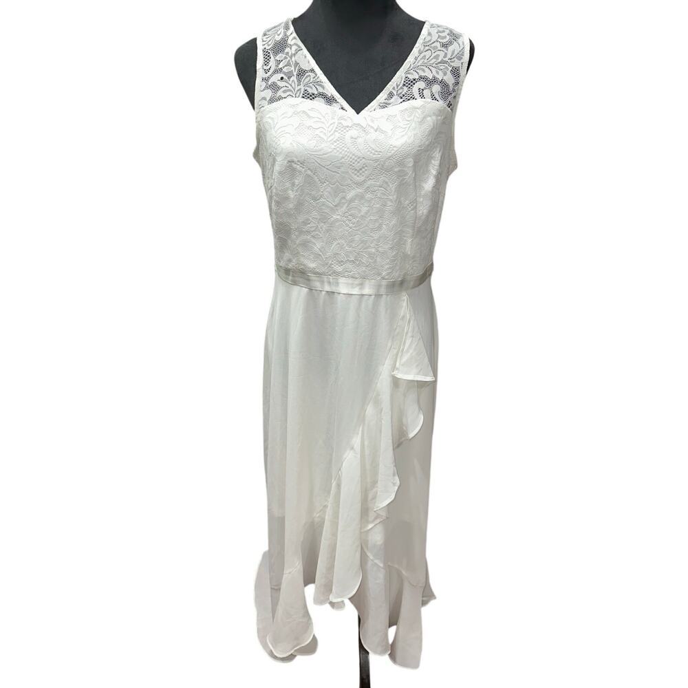 Women’s Floral Lace Dress Elegant V Neck Ruffle zip back White XL  Beach wedding